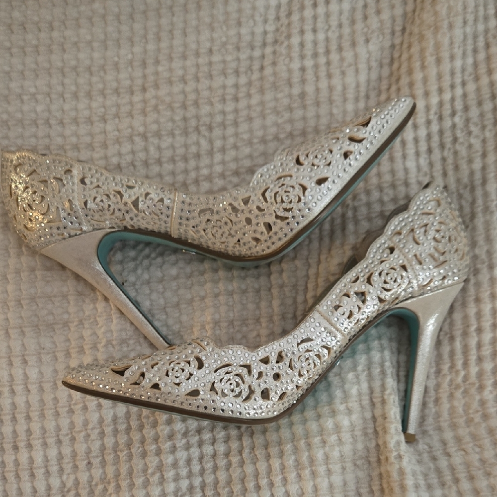 Betsey Johnson White Lace Heels with Rhinestones